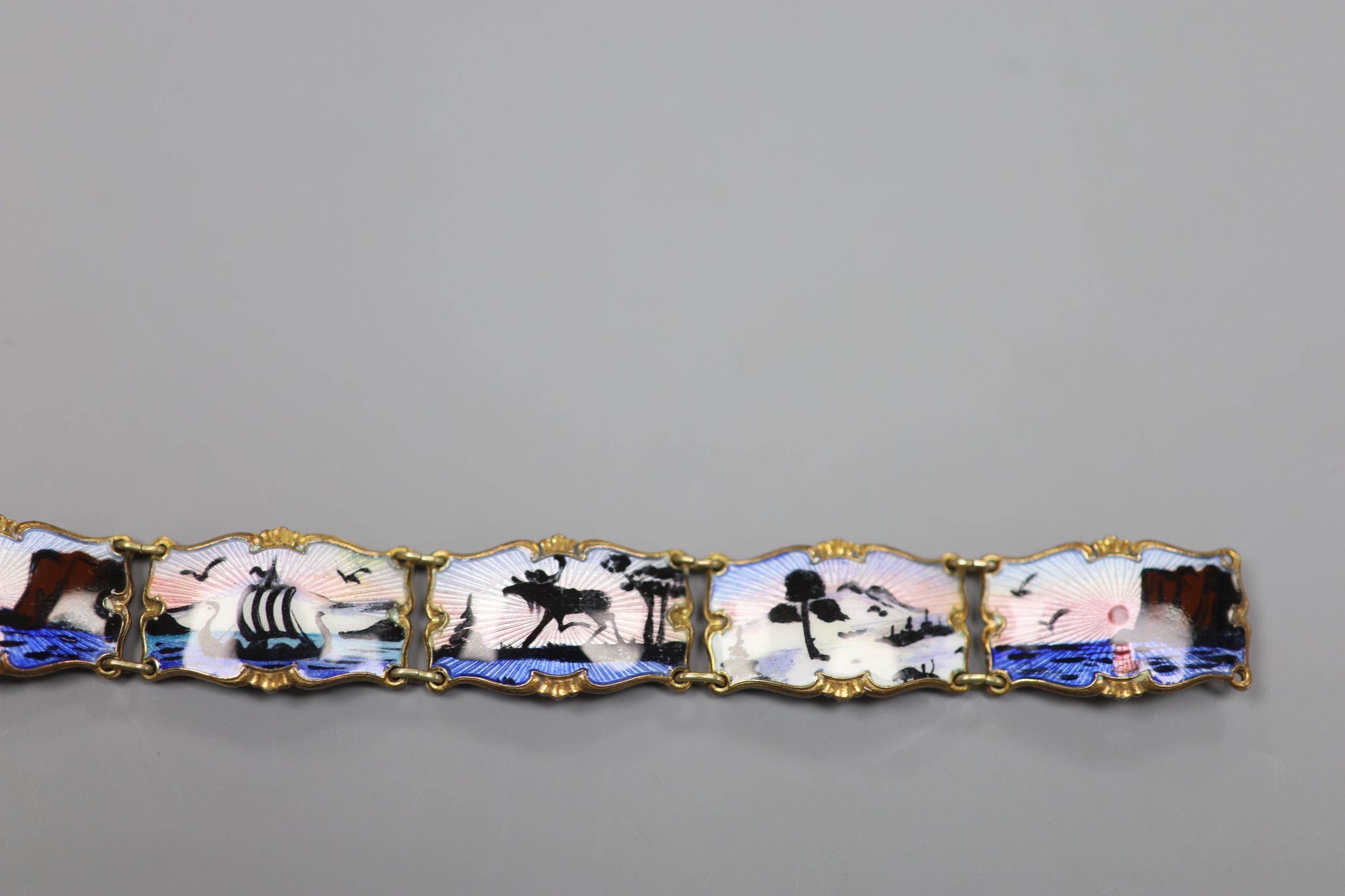 A 20th century Norwegian 830S and polychrome enamel panel set bracelet, 18.5cm